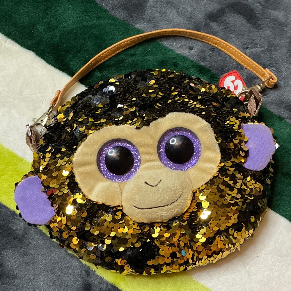 Ty Sequin Monkey Plush Purse with Purple Ears